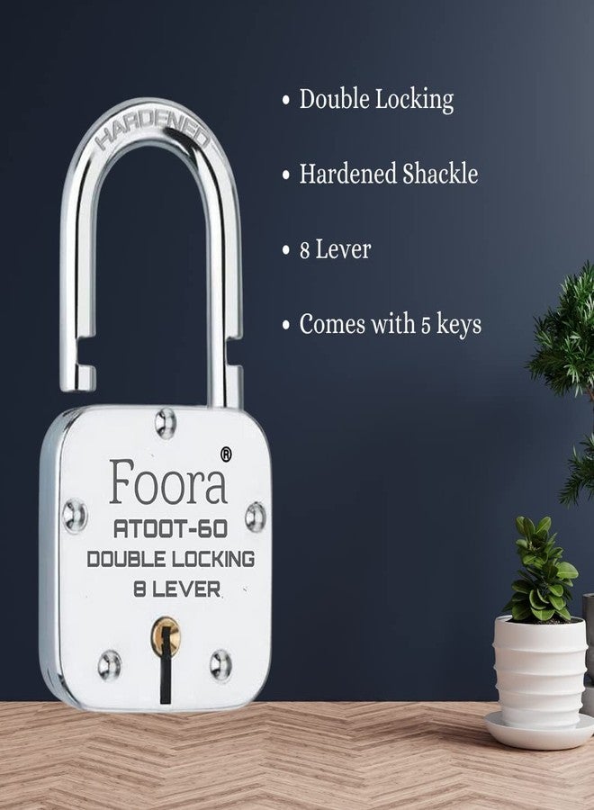 Foora ATOOT-60 Double Locking Padlock, 8 Lever Security, Hardened Shackle, 60mm, 5 Keys, Silver - Image 2